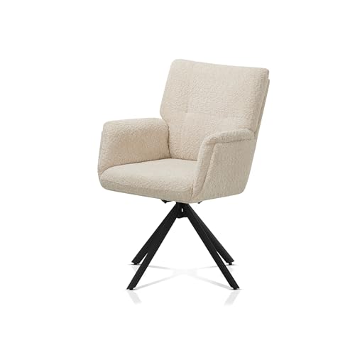 KHG Esszimmerstuhl Drehbarer Polsterstuhl mit Armlehnen - Bouclé Stoff, weiche Polsterung, 360° drehbar, stabiles Metallgestell bis 120 kg belastbar, Armlehnstuhl Beige von KHG