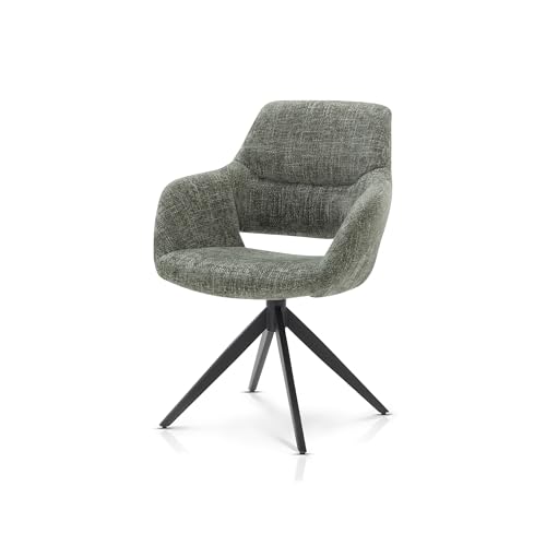 KHG Esszimmerstuhl Küchenstuhl mit Armlehnen - drehbar 360° mit Rückstellfunktion, Chenille Stoff, bequem gepolstert, modern, stabiles Metallgestell bis 120 kg belastbar - Grün von KHG