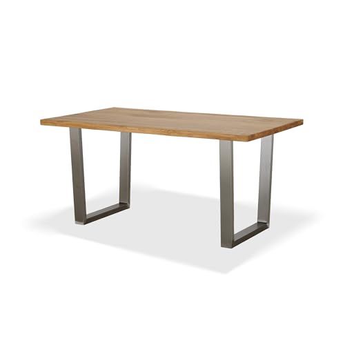 KHG Esszimmertisch Massivholz Eiche geölt mit U-Gestell Edelstahl - 160 x 90 cm - für 4-6 Personen - moderner Esstisch mit stabilem Metallgestell, Küchentisch bis 100 kg belastbar von KHG