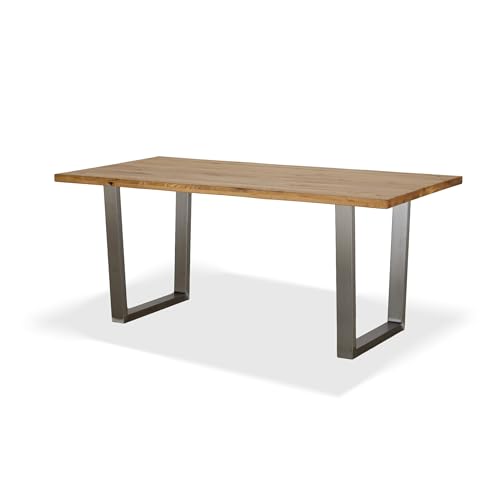 KHG Esszimmertisch Massivholz Eiche geölt mit U-Gestell Edelstahl - 180 x 90 cm - für 6-8 Personen - moderner Esstisch mit stabilem Metallgestell, Küchentisch bis 100 kg belastbar von KHG