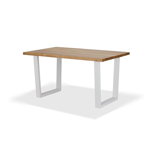 KHG Esszimmertisch Massivholz Eiche geölt mit U-Gestell Weiß - 145 x 90 cm - für 4-6 Personen - moderner Esstisch mit stabilem Metallgestell, Küchentisch bis 100 kg belastbar von KHG