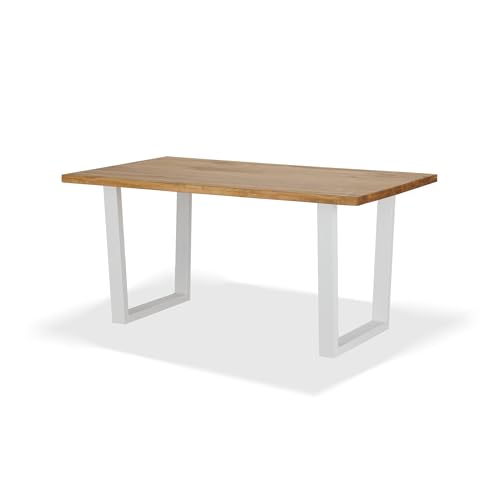 KHG Esszimmertisch Massivholz Eiche geölt mit U-Gestell Weiß - 160 x 90 cm - für 4-6 Personen - moderner Esstisch mit stabilem Metallgestell, Küchentisch bis 100 kg belastbar von KHG