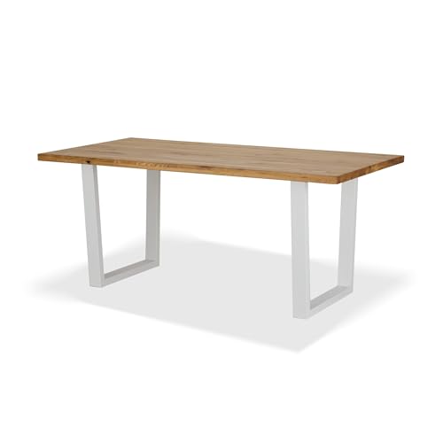 KHG Esszimmertisch Massivholz Eiche geölt mit U-Gestell Weiß - 180 x 90 cm - für 6-8 Personen - moderner Esstisch mit stabilem Metallgestell, Küchentisch bis 100 kg belastbar von KHG