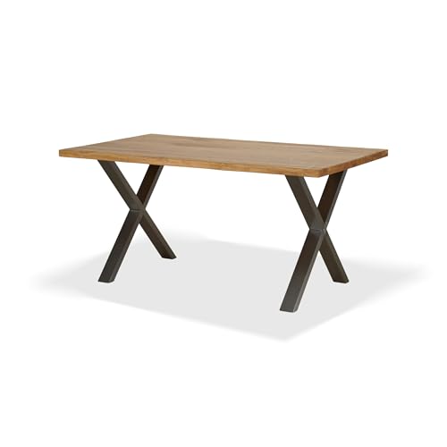 KHG Esszimmertisch Massivholz Eiche geölt mit X-Gestell Edelstahl - 160 x 90 cm - für 4-6 Personen - moderner Esstisch mit stabilem Metallgestell, Küchentisch bis 100 kg belastbar von KHG