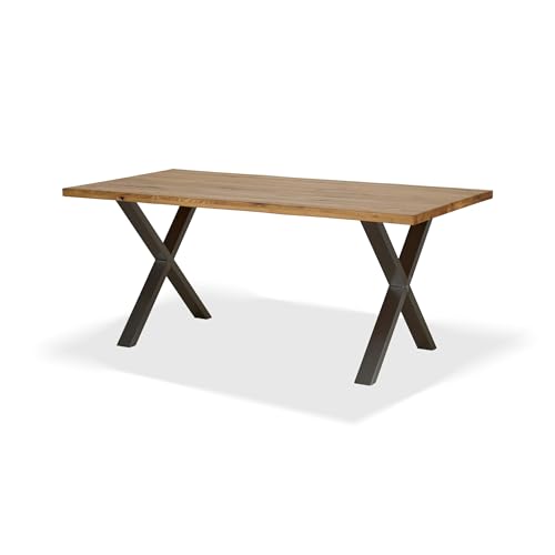 KHG Esszimmertisch Massivholz Eiche geölt mit X-Gestell Edelstahl - 180 x 90 cm - für 6-8 Personen - moderner Esstisch mit stabilem Metallgestell, Küchentisch bis 100 kg belastbar von KHG