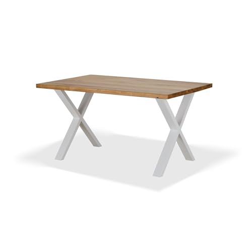 KHG Esszimmertisch Massivholz Eiche geölt mit X-Gestell Weiß - 145 x 90 cm - für 4-6 Personen - moderner Esstisch mit stabilem Metallgestell, Küchentisch bis 100 kg belastbar von KHG