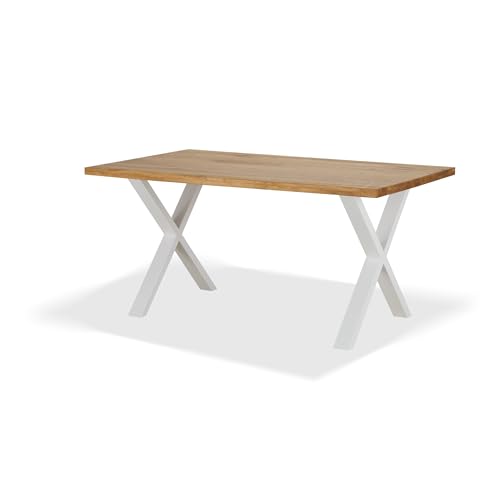 KHG Esszimmertisch Massivholz Eiche geölt mit X-Gestell Weiß - 160 x 90 cm - für 4-6 Personen - moderner Esstisch mit stabilem Metallgestell, Küchentisch bis 100 kg belastbar von KHG