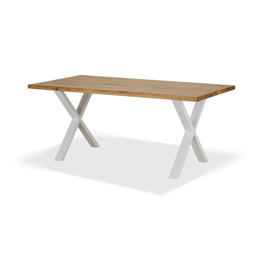 KHG Esszimmertisch Massivholz Eiche geölt mit X-Gestell Weiß - 180 x 90 cm - für 6-8 Personen - moderner Esstisch mit stabilem Metallgestell, Küchentisch bis 100 kg belastbar von KHG
