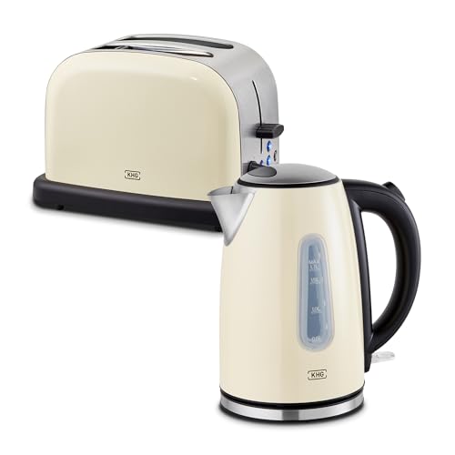 KHG Frühstücksset 2-teilig Wasserkocher & Toaster, Creme Beige Retro American Diner Stil, Kapazität 1,7 Liter & 2 Toastscheiben, 360° Sockel, Kalkfilter, 6 Röstgradstufen, Auftau- & Aufwärmfunktion von KHG