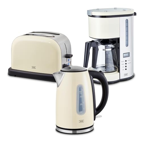 KHG Frühstücksset 3-teilig Wasserkocher, Toaster & Kaffeemaschine, Creme Beige Retro American Diner Stil, Kapazität 1,7 Liter, 2 Toastscheiben, 12 Tassen Kaffee, 360° Sockel, 6 Röststufen, LCD-Anzeige von KHG