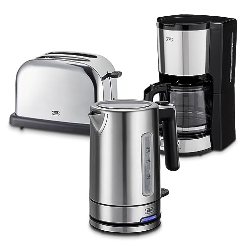 KHG Frühstücksset 3-teilig Wasserkocher, Toaster & Kaffeemaschine, Edelstahl Silber Chrom, Kapazität 1 Liter, 2 Toast Scheiben & 12 Tassen Kaffee, präziser Ausgießer, 6 Röststufen, LCD-Display von KHG