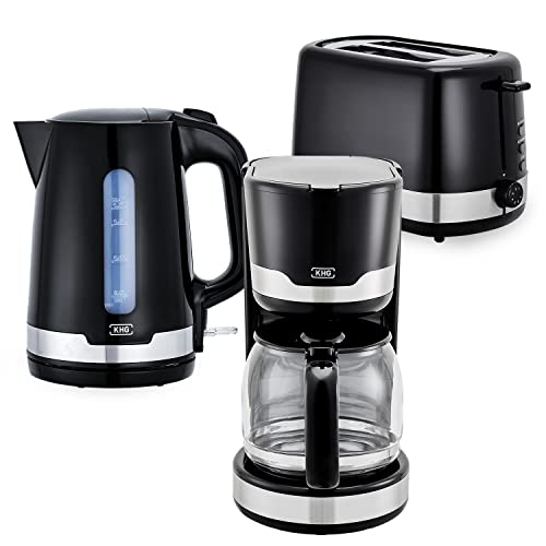 KHG Frühstücksset Kaffeemaschine Toaster Wasserkocher 3-teilig in schwarz, 1.000, 850 & 2.200 Watt, Küchenset mit Kapazität 1,7 Liter Kochwasser, 2 Scheiben Toast & für 12 Tassen Kaffee von KHG