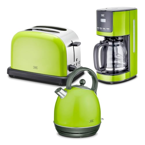 KHG Frühstücksset Wasserkocher, Toaster & Kaffeemaschine Lime-Grün, Kessel-Kocher 1,7 Liter, 360° Sockel, Kalkfilter, 2 Toastscheiben, 6 Röststufen, Funktionstasten, 12 Tassen, LCD-Display mit Timer von KHG