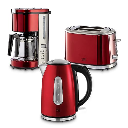 KHG Frühstücksset Wasserkocher, Toaster & Kaffeemaschine in Rot, Edelstahl Metallic Chrom, 1,7l Kapazität, 2 Toast Scheiben & 12 Tassen Kaffee, Kontrollleuchten, Wasserstandsanzeigen, Permanentfilter von KHG