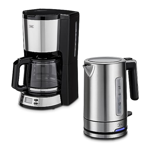 KHG Frühstücksset Wasserkocher & Kaffeemaschine, Edelstahl Chrom, Kapazität 1 Liter & 12 Tassen Kaffee, präziser Ausgießer, 360° Sockel, LCD-Display, Permanentfilter, Star- & Uhrzeit-Taste von KHG