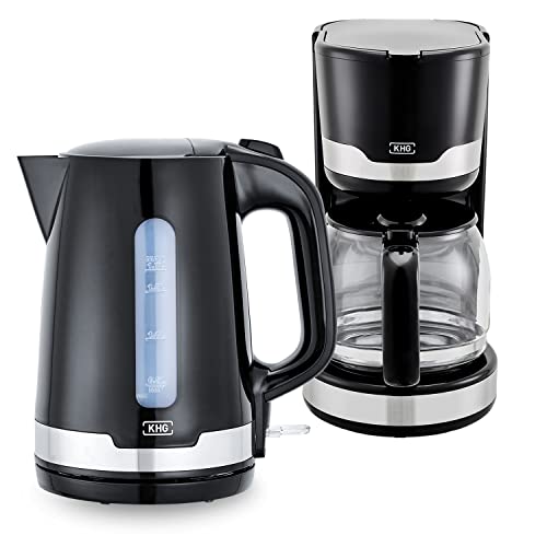 KHG Frühstücksset Wasserkocher und Kaffeemaschine Set 2-teilig, 2.200 & 1.000 Watt, Kapazität 1,7 Liter Wasser oder 12 Tassen Kaffee, Kalkfilter & Permanentfilter – SCHWARZ von KHG