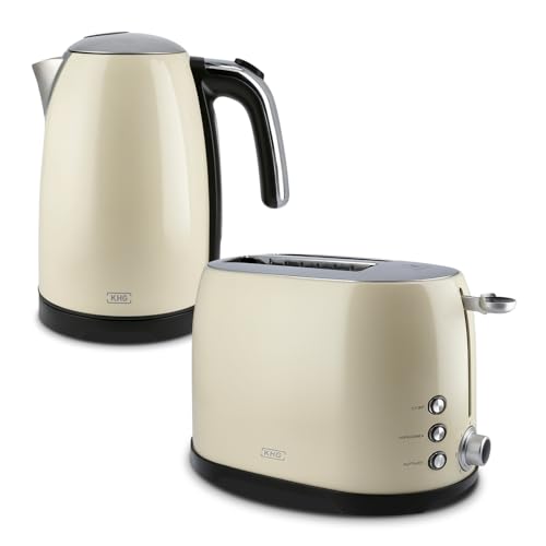 KHG Frühstücksset Wasserkocher & Toaster Creme Beige Retro Vintage, Kapazität 1,7 Liter & 2 Toastscheiben, 360° Sockel, Druckknopf-Öffnung, Kontrollleuchte, Röstgradeinstellung, Aufwärm-, Auftau-Taste von KHG