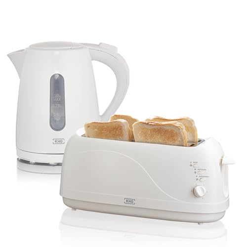 KHG Frühstücksset Weiß| Toaster 4 Scheiben Langschlitztoaster mit Brötchenaufsatz, 6 Bräunungsstufen 1300W | Wasserkocher 1 Liter mit Abschaltautomatik 2200W | 2-teilig von KHG