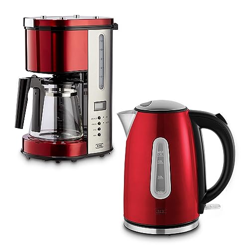 KHG Frühstücksset Wasserkocher & Kaffeemaschine Rot, Edelstahl Metallic Chrom, 1,7l Kapazität & 12 Tassen Kaffee, Kontrollleuchten, LCD-Display, Permanentfilter, Tropfstop von KHG