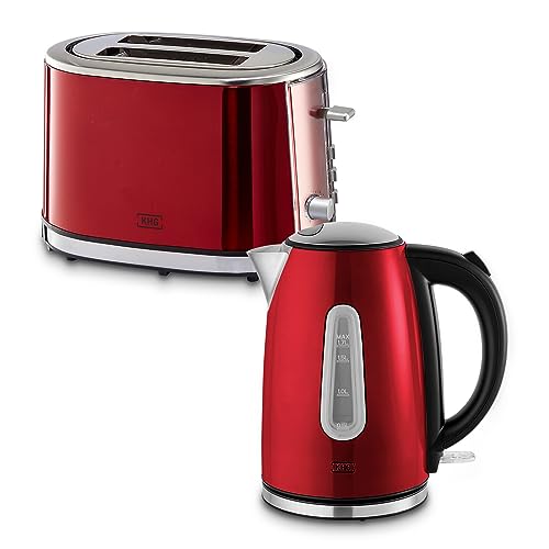 KHG Frühstücksset aus Wasserkocher & Toaster in Rot, Edelstahl Metallic Chrom, 1,7l Kapazität & 2 Toastscheiben, Kontrollleuchten, Kalkfilter, 6 Röststufen, Krümelschublade, Brötchenaufsatz von KHG