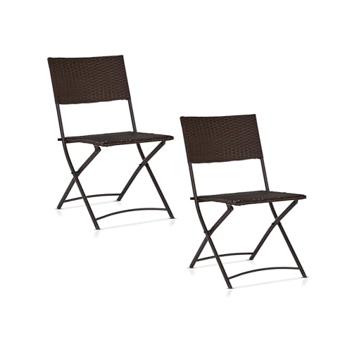 KHG Gartenstuhl Dunkel-Braun, 2 Stück wetterfest Stahl-Gestell, platzsparender Klappstuhl, Balkonstuhl mit Rattan-Geflecht Outdoor 74x60x60 cm, 110 kg belastbar von KHG