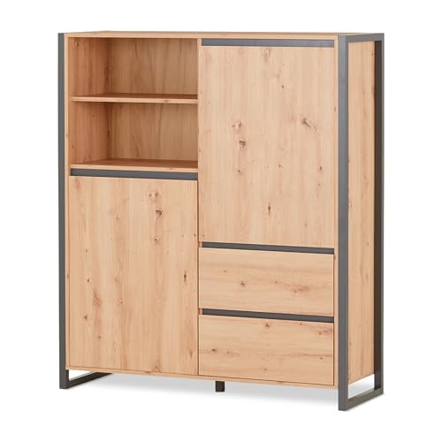 KHG Highboard AST-Eiche, Moderne hohe Kommode mit Schubladen, Ablage & Fächern, Holzwerkstoff foliert Eiche & Kufen-Gestell Anthrazit, 120x140x40 cm von KHG