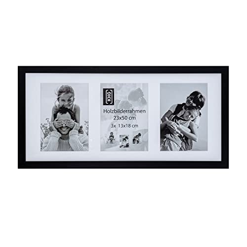 KHG Massivholz-Bilderrahmen lackiert mit stabilem Glas und Passepartout, Ideal für Portraits, Urkunden, Poster, Puzzles & Collagen - Schwarz, 23x51 cm von KHG
