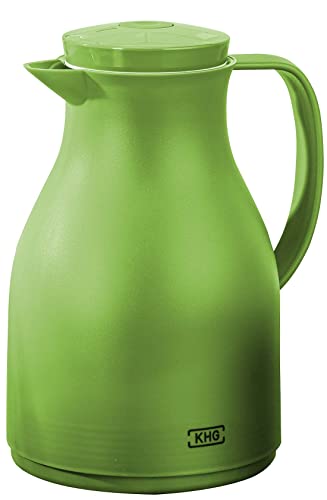 KHG Isolierkanne 1 Liter Lime-Grün Grün | Quick Press & Drehverschluss | außen Kunststoff matt | innen Glas BPA-frei | Thermoskanne 1l für heiße & kalte Getränke mit präzisem Ausgießer von KHG