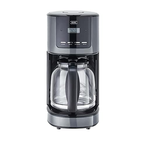 KHG Kaffeemaschine KA-184 DG in dunkelgrau, 12 Tassen, 1,5 L, 900W, Abschaltautomatik, Permanentfilter, Glaskanne und Filterhalter spülmaschinengeeignet, Timer-Funktion, LCD-Display, Tropfstopp von KHG