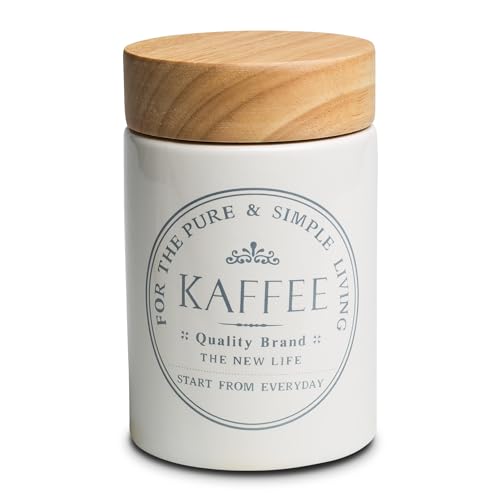 KHG Kaffeedose luftdicht, 250g Kaffeebohnen 500g Kaffeepulver, Vorratsdose Kaffee Aufbewahrung Keramik Steingut Weiß Holzdeckel Bambus, Oberfläche glänzend glasiert Emaille, rund, beschriftet von KHG