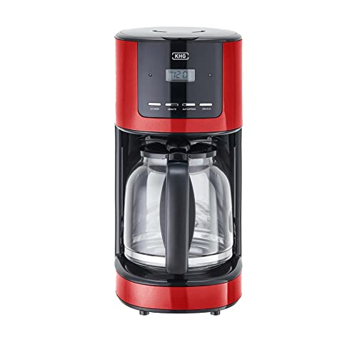 KHG Kaffeemaschine KA-184 (R) in Rot, 12 Tassen, 1,5L, 900W, Abschaltautomatik, Permanentfilter, Glaskanne und Filterhalter spülmaschinengeeignet, Timer-Funktion, LCD-Display, Tropfstopp von KHG