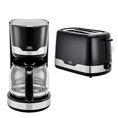 KHG Kaffeemaschine und Toaster Set 2-teilig in schwarz, 1.000 & 850 Watt, Frühstücksset mit Kapazität 1,5 Liter & 2 Scheiben Toast, Küchenset mit Permanentfilter & Krümmelauffang von KHG