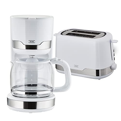 KHG Kaffeemaschine und Toaster Set 2-teilig in weiß, 1.000 & 850 Watt, Frühstücksset mit Kapazität 1,5 Liter & 2 Scheiben Toast, Küchenset mit Permanentfilter & Krümmelauffang von KHG