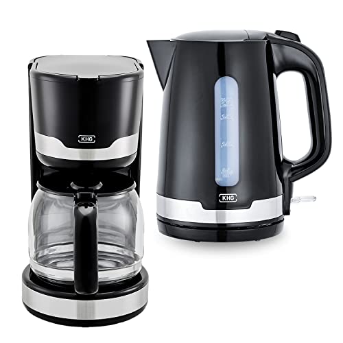 KHG Kaffeemaschine und Wasserkocher Set 2-teilig in schwarz, 1.000 & 2.200 Watt, Frühstücksset mit Kapazität 1,7 Liter Wasser oder 12 Tassen Kaffee, Küchenset mit Kalkfilter & Permanentfilter von KHG
