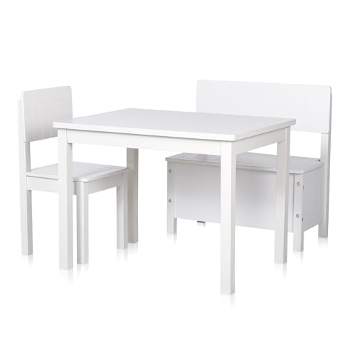 KHG Kinder-Möbel Set mit Tisch, Bank & Stuhl weiß Landhaus für Kinderzimmer, Pflegeleichte Oberfläche, robust, kindgerechte Höhe 66 x 51 x 50 cm von KHG