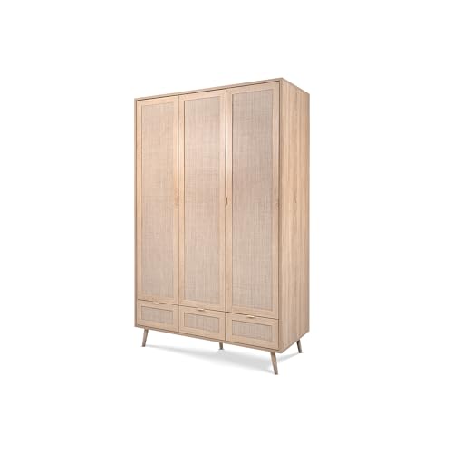 KHG Kleiderschrank 2 Schubkästen Kleiderstangen Einlegeböden 3D-Geflecht Optik Kunststoff Griffe Massivholzfüße Eiche Retro von KHG