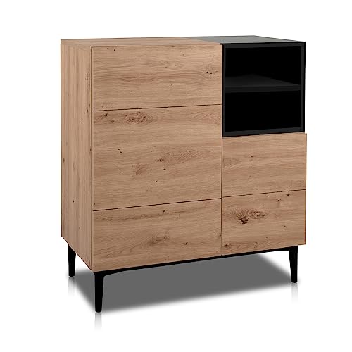 KHG Kommode klein mit 7 Fächern & 2 Drehtüren modern, aus Holzwerkstoff Holzoptik lackiert, Gestell & Akzente in schwarz - 80 x 90 x 42 cm (B/H/T) von KHG