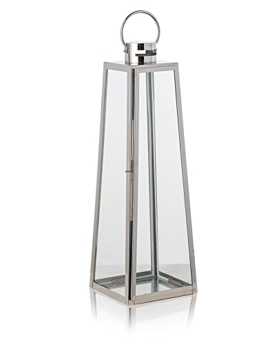 KHG Laterne 70 cm in Silber aus Stahl/Glas, pyramidenförmig, praktischer Tragegriff Kerzenständer, Kerzenhalter, Outdoor und Indoor, Deko, für Wohnzimmer, Balkon, Terrasse, Garten usw. von KHG