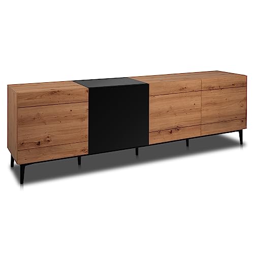 KHG Lowboard mit 8 Fächern & 4 Drehtüren modern, TV-Bank aus Holzwerkstoff Holzoptik lackiert, Gestell & Akzente in schwarz - 200 x 65 x 42 cm (B/H/T) von KHG