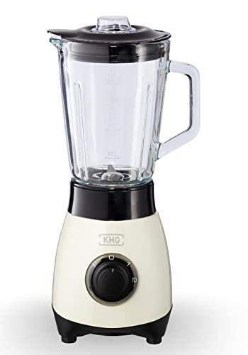 KHG Mini Standmixer 250 Watt mit 0,8 Liter Glasbehälter, Creme, 4-fache 3D Edelstahlklingen, 2 Geschwindigkeitsstufen und Impulsfunktion, geeignet zum Mixen, Pürieren, Eiscrushen von KHG