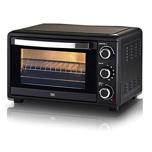 KHG Minibackofen MBO-25S mit Umluft 25l aus Metall in schwarz, 5 Bedienungsstufen, bis 1.500 Watt, inkl. Entnahmegriffe, Grillrost, Drehspieß und Backblech von KHG