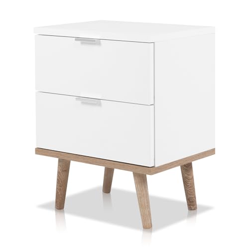 KHG Nachttisch 2 Schubladen Scandi, Nachtkonsole aus Holzwerkstoff weiß foliert fürs Schlafzimmer, 40 x 52 x 30 cm (B/H/T) von KHG