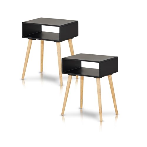 KHG Nachttisch 2er Set schwarz, Nachtkommode mit Fach aus Holzwerkstoff foliert, braunes Gestell aus Gummibaum-Echtholz, moderner Scandi-Look fürs Schlafzimmer, 15 kg belastbar 30x53x40 cm von KHG