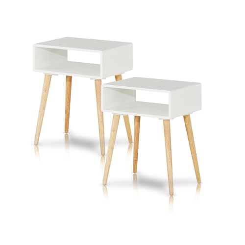 KHG Nachttisch 2er Set weiß, Nachtkommode mit Fach aus Holzwerkstoff foliert, braunes Gestell aus Gummibaum-Echtholz, moderner Scandi-Look fürs Schlafzimmer, 15 kg belastbar 30x53x40 cm KHG Nachttisch 2er Set weiß, Nachtkommode mit Fach aus Holzwerkstoff foliert, braunes Gestell aus Gummibaum-Echtholz, moderner Scandi-Look fürs Schlafzimmer, 15 kg belastbar 30x53x40 cm von KHG
