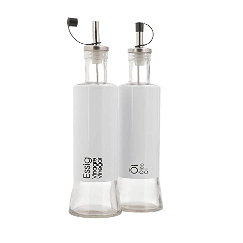 KHG Öl- & Essig-Spender als Set, Öl-Essig Menage 250 ml Flasche Ausgießer aus Glas & Edelstahl in Weiß, Höhe 24,5 cm & 6,5 cm ∅, auch mit Salz & Pfeffer Set möglich von KHG