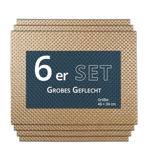 KHG Platzmatte 6er Set Gold Platzset aus Polyester Geflecht grob metallic, strapazierfähig, hitzebeständig, abwaschbar, rutschfest, Platzdeckchen 46x34 cm von KHG