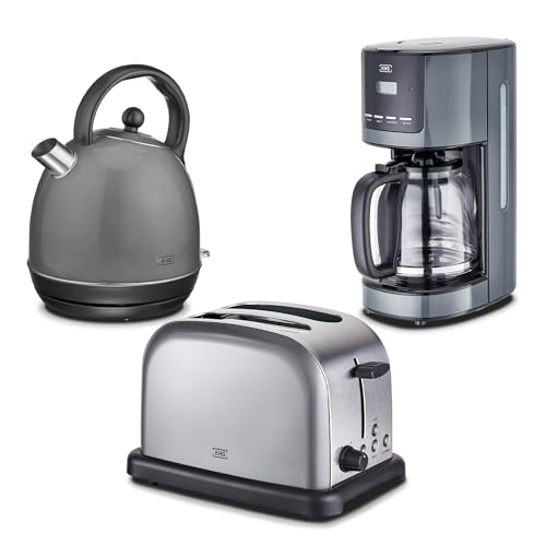 KHG Retro Frühstücksset | Toaster 2 Scheiben, 7 Bräunungsstufen 850W | Wasserkocher 1,7 Liter mit Abschaltautomatik 2200W | Kaffeemaschine 1,5 Liter Glaskanne 1000W | 3-teilig Anthrazit von KHG