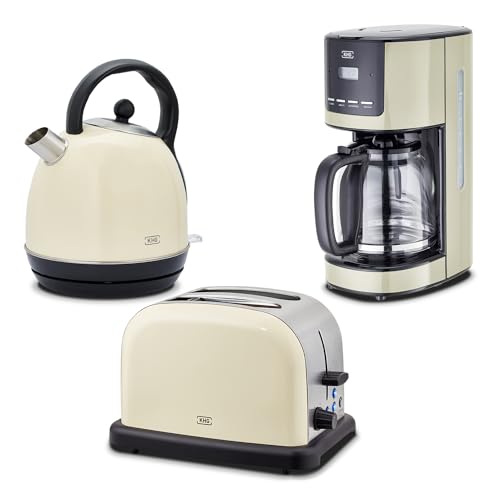KHG Retro Frühstücksset | Toaster 2 Scheiben, 7 Bräunungsstufen 850W | Wasserkocher 1,7 Liter mit Abschaltautomatik 2200W | Kaffeemaschine 1,5 Liter Glaskanne 1000W | 3-teilig Creme von KHG