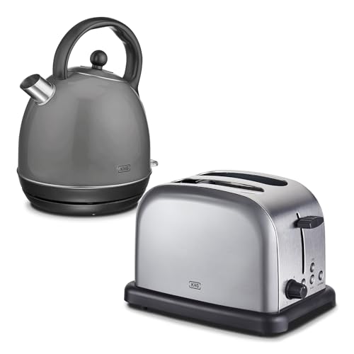 KHG Retro Frühstücksset | Toaster 2 Scheiben mit Brötchenaufsatz, 7 Bräunungsstufen 850W | Wasserkocher 1,7 Liter mit Abschaltautomatik 2200W | 2-teilig Anthrazit KHG Retro Frühstücksset | Toaster 2 Scheiben mit Brötchenaufsatz, 7 Bräunungsstufen 850W | Wasserkocher 1,7 Liter mit Abschaltautomatik 2200W | 2-teilig Anthrazit von KHG
