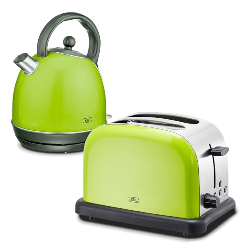 KHG Retro Frühstücksset | Toaster 2 Scheiben mit Brötchenaufsatz, 7 Bräunungsstufen 850W | Wasserkocher 1,7 Liter mit Abschaltautomatik 2200W | 2-teilig Lime Grün von KHG